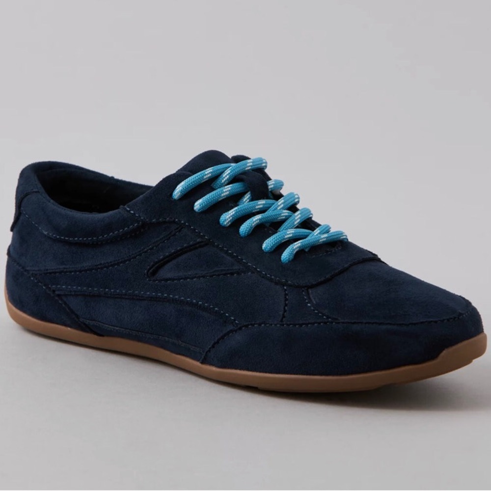 American Eagle Outfitters Navy Suede Sneaker with Light Blue Laces 8